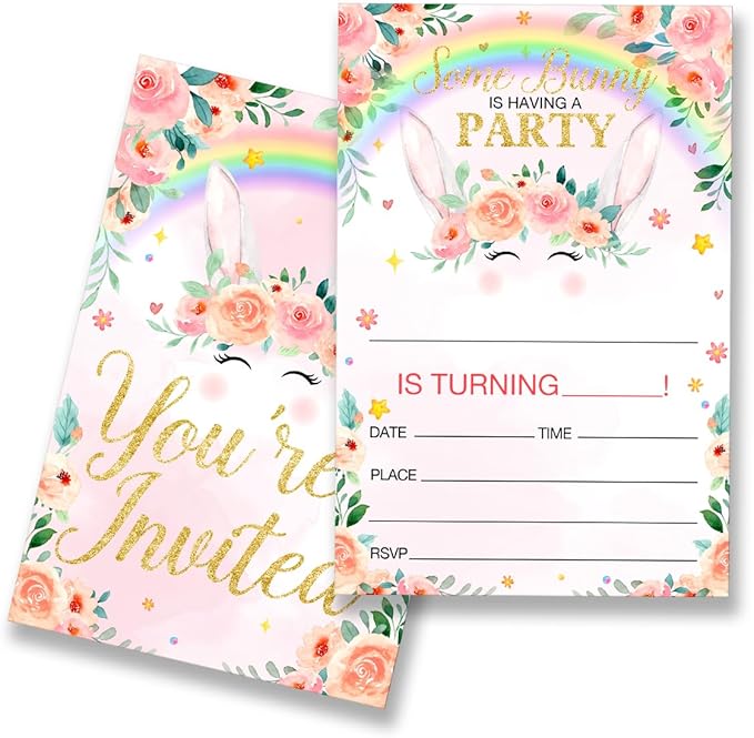 EUDOSI Rainbow Bunny Birthday Party Invitations Supplies Fill-In Set of 20 with Envelopes Floral Bunny Birthday Invites Cards, Double Sided