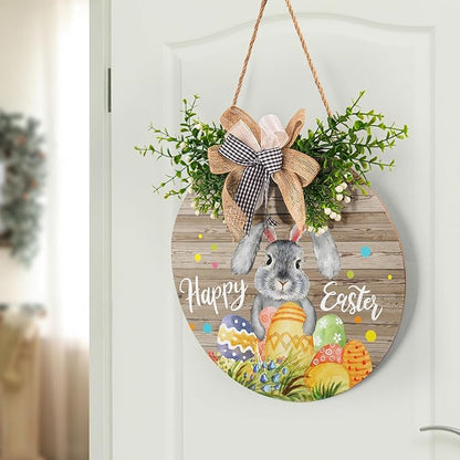 Harooni Rustic Wooden 12x12in Happy Easter Door Sign with Bow, Bunny & Easter Eggs, Perfect for Front Door, Wall, Window, Indoor/Outdoor Use