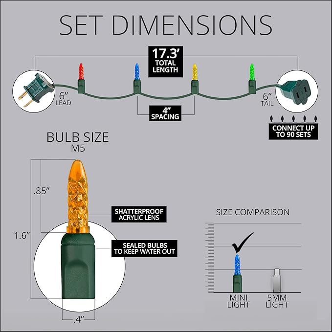 Wintergreen Lighting 50 M5 LED Multicolor Christmas Tree Lights Multicolor Mini Lights, 17 Ft, String Lights for Bedroom Dorm Room Lights Party Indoor-Outdoor Christmas Lights LED String Lights