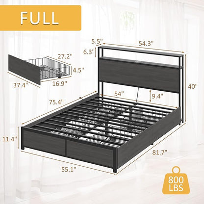 Lifezone Full Bed Frame with 2-Tier Storage Headboard, Metal Platform Bed Frame with 4 Storage Drawers, Built in Charging Station & LED, Noise-Free/Metal Support/No Box Spring Needed, Rustic Grey