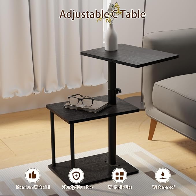 Swivel Side Table for Couch Arm, Adjustable C End Table for Recliner or Bed, Tv Trays with Storage Shelf for Small Spaces Small Nightstand Table for Living Room, Bedroom，2pc