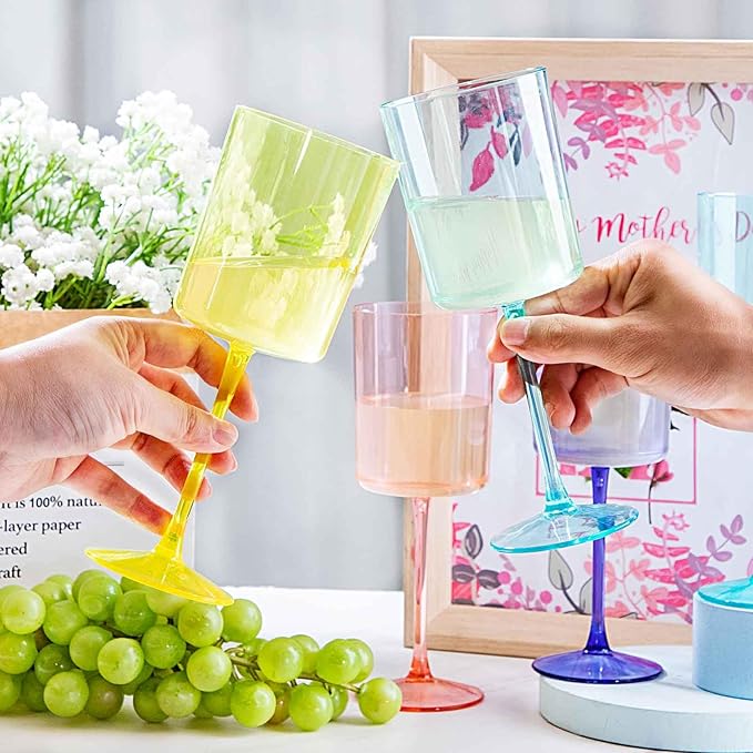 Ciaell 4 Pack Plastic Drinking Glasses - 10 Oz Plastic Glasses with Stem - Disposable Glasses Perfect for Parties & Weddings & Poolside & Outdoors & Camping (Pink Green Purple Yellow)
