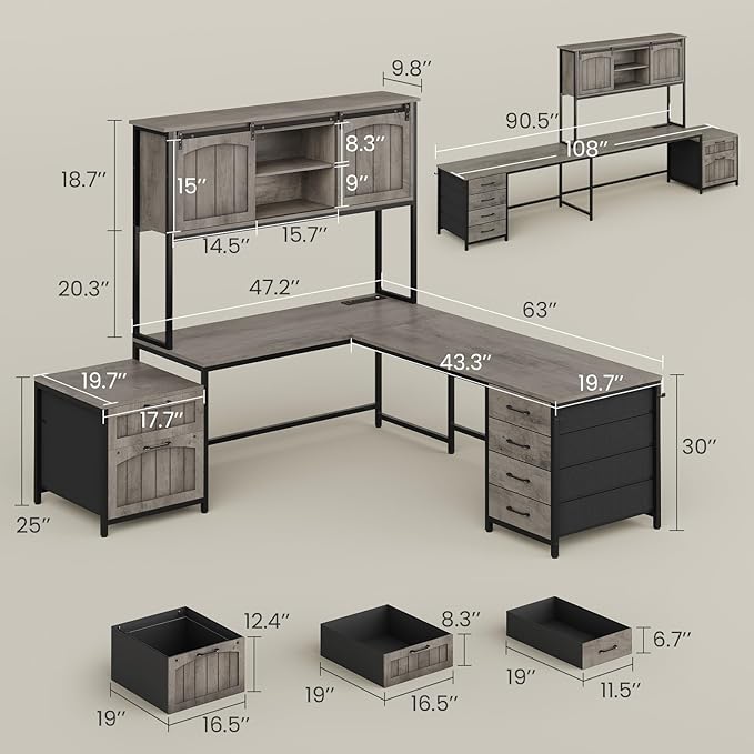 SEDETA Farmhouse L Shaped Office Desk with 6 Drawer, Reversible Computer Desk with Power Outlet, Hutch for Home Office/Two Person, Corner Desk with File Drawer & Printer Storage Shelves, Grey