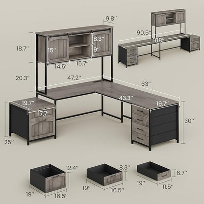 SEDETA Farmhouse L Shaped Office Desk with 6 Drawer, Reversible Computer Desk with Power Outlet, Hutch for Home Office/Two Person, Corner Desk with File Drawer & Printer Storage Shelves, Grey