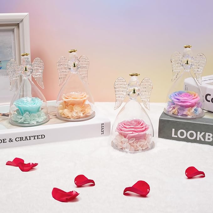 Miofula Preserved Flower Rose Birthday Gifts for Mom, Angels Figurines with Forever Real Rose Gifts for Women Mom Grandma, Angels Gifts for Valentines Anniversary Mothers Day (Pearlescent Champagne)