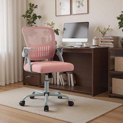 Sweetcrispy Home Office Managerial Executive Chair, Flip Up Armrest Ergonomic Mesh Adjustable Swivel Mid-Back Computer Desk Chair with Comfortable Lumbar Support, Comfy Arms for Bedroom,Study