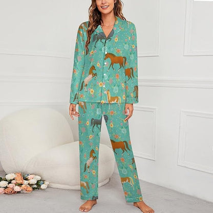 Lemons Leaves Ceramic Style Womens Pajama Set Long Sleeve Pajamas Top And Pants Soft Loungewear Pjs Sets