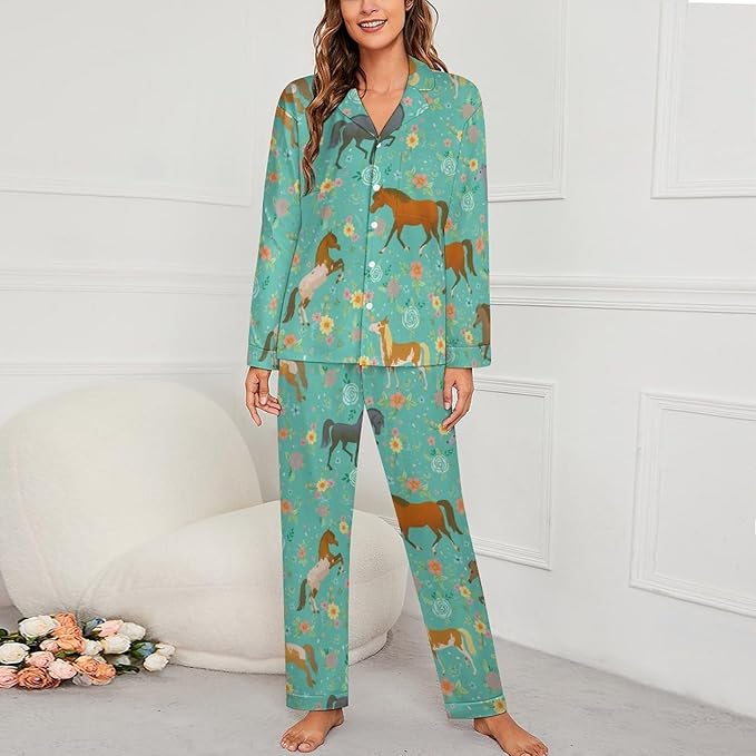 Lemons Leaves Ceramic Style Womens Pajama Set Long Sleeve Pajamas Top And Pants Soft Loungewear Pjs Sets
