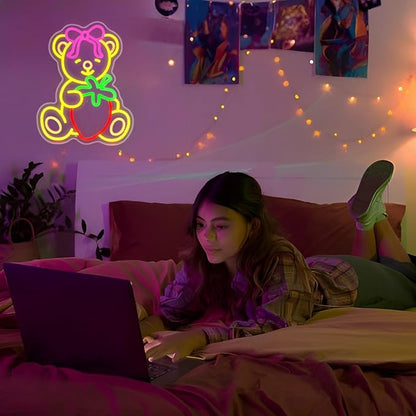 Strawberry Bear Neon Sign Girl Room Decor Led Neon Lights Signs for Wall Decor USB Powered Led for Room Decoration