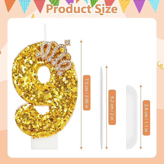 Gold Birthday Candle Crown Number 9 Candle with Sequins Cake Candles Cupcake Decorations Party Decor for Anniversary Celebrations Supplies