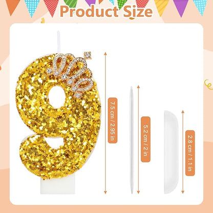 Gold Birthday Candle Crown Number 9 Candle with Sequins Cake Candles Cupcake Decorations Party Decor for Anniversary Celebrations Supplies