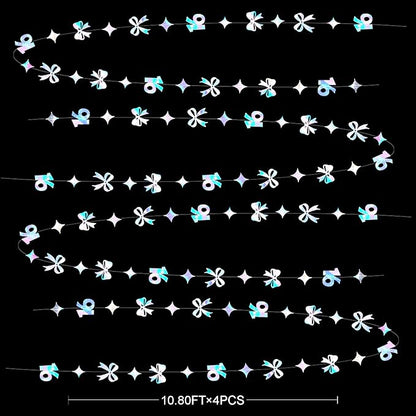 Iridescent 16th Bow Birthday Decorations Metallic Conquette Bow Garland Streamer Banner Backdrop for Girls Boys Happy 16th Birthday Sweet Sixteen Cheers to 16 Years Old Anniversary Party Supplies