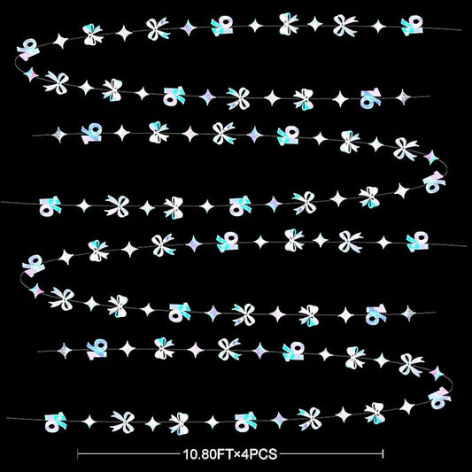 Iridescent 16th Bow Birthday Decorations Metallic Conquette Bow Garland Streamer Banner Backdrop for Girls Boys Happy 16th Birthday Sweet Sixteen Cheers to 16 Years Old Anniversary Party Supplies