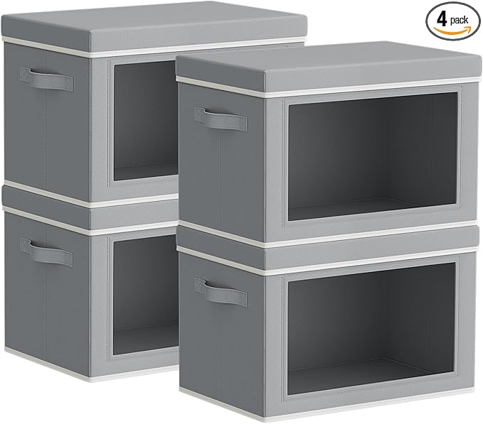 Storage Bins with Lids - Small Fabric Organizers with Window, Collapsible Storage Bins for Clothes, Decorative Closet Organizers for Towels, Tshirt, 4 Pack, Grey