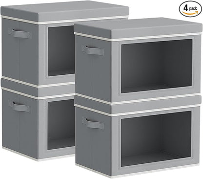 Storage Bins with Lids - Small Fabric Organizers with Window, Collapsible Storage Bins for Clothes, Decorative Closet Organizers for Towels, Tshirt, 4 Pack, Grey