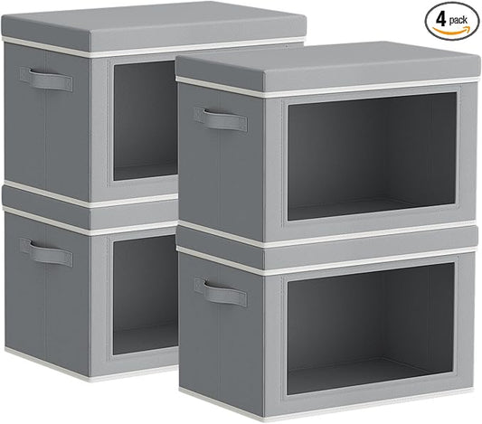 Storage Bins with Lids - Small Fabric Organizers with Window, Collapsible Storage Bins for Clothes, Decorative Closet Organizers for Towels, Tshirt, 4 Pack, Grey