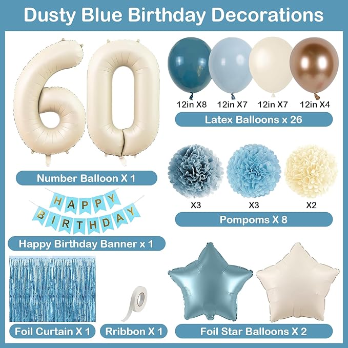 Dusty Blue 60th Birthday Party Decorations for Women Men Beige Cream Number 60 Balloon with Blue Gold Happy Birthday Banner Fringe Curtain Paper Pom Poms Nude White Sand Champagne Star Foil Balloons