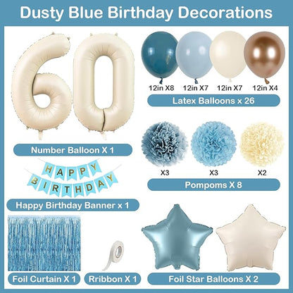 Dusty Blue 60th Birthday Party Decorations for Women Men Beige Cream Number 60 Balloon with Blue Gold Happy Birthday Banner Fringe Curtain Paper Pom Poms Nude White Sand Champagne Star Foil Balloons