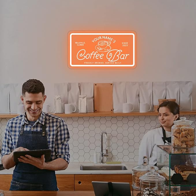 Custom Coffee Bar Neon Sign, Personalized LED Neon Lights for Wall Decor, Handmade 3D Art Coffee Bar Light up Signs Night Lamp for Coffee Bars/Station/Shops Kitchen Cafe Decoration