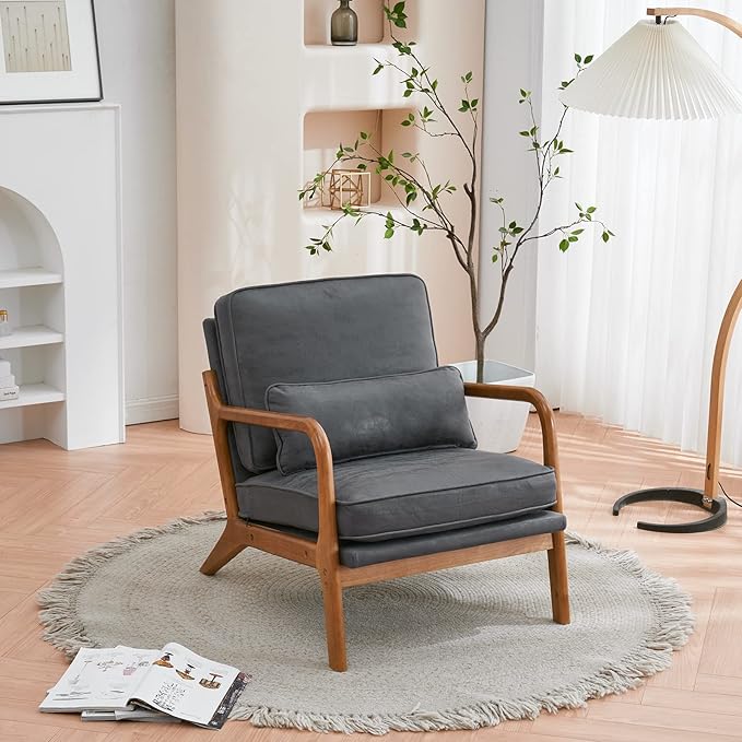 Bonnlo Microfiber Dark Grey Mid Century Modern Accent Chair, Soild Wood Padding Lounge Armchairs Side Sitting Chairs for Living Room, Bedroom, Guest Room