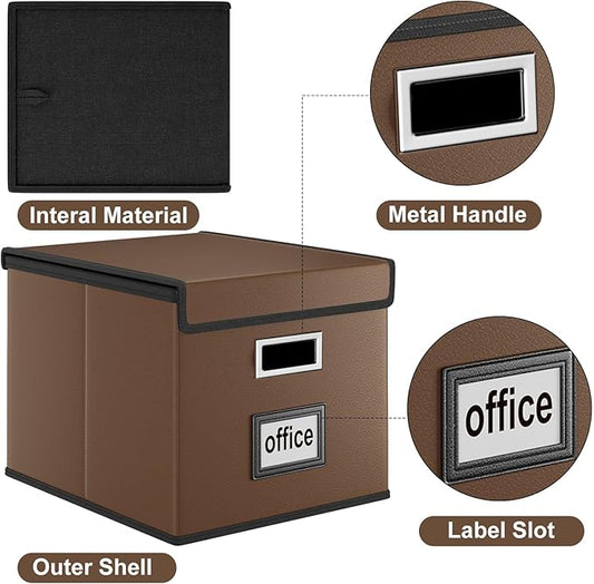 Huolewa File Organizer Boxes with Lids, Collapsible Faux Leather Hanging File Folder Box Organizer with Plastic Slide, Decorative Home/Office Filing System Boxes for File and Folders Storage