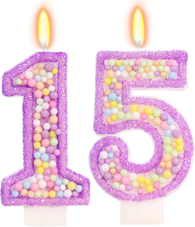 Purple Birthday Candles - Number 15 Candle, Colorful Macaron Candles, 15 Birthday Decorations for Girls, Purple Cake Decorations, Theme Party Supplies
