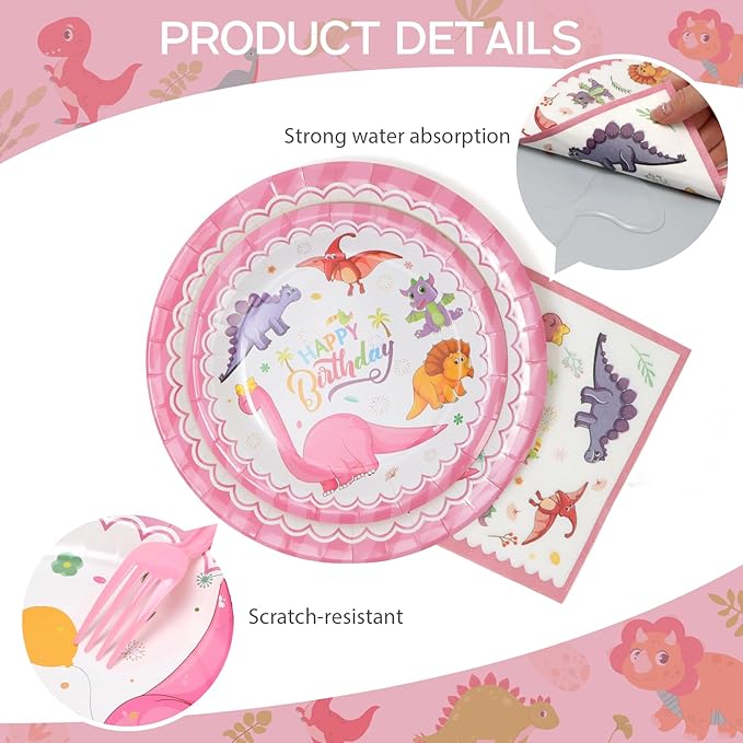 96pcs Pink Dinosaur Birthday Plates, Dinosaur Themed Paper Plates and Napkins,Cups Disposable Tableware Set for 24 Guests Baby Shower Picnic Kids Girls Birthday Party Supplies Decorations