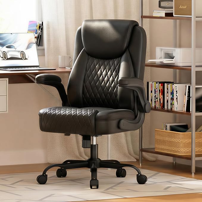 GTPLAYER Leather Office Chair, Home Desk Chair with Flip-up Arms and Ergonomic Back - Comfy Heavy Duty Executive Chair for Home Office Gaming, Charcoal Black