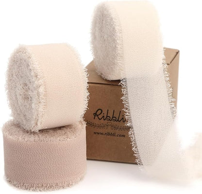 Ribbli Nude Ribbon 1 Inch x 3 Rolls Total 24 Yards Cream/Nude/Beige Handmade Fringe Chiffon Silk Ribbon for Wrapping Wedding Invitations Bridal Bouquets DIY Crafts Home Decor