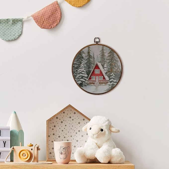 MOTERMATE Winter Farmhouse Wall Art Decor Round Framed, Rustic Winter Canvas Wall Art Artwork Prints, Christmas Snowy Pine Tree Farmhouse Hanging Decor Decorations for Home Living Room, 10x10 Inch