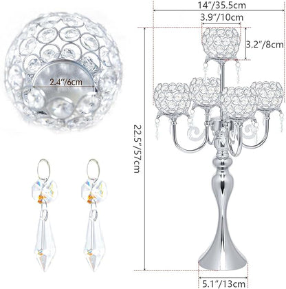 Set of 4 Candlesticks 5 Arm Crystal Strap Pendant Silver Table Decor Candelabra, 22.5 inches Elegant Dining Room Centerpieces for Holiday Parties Weddings (4, Silver)