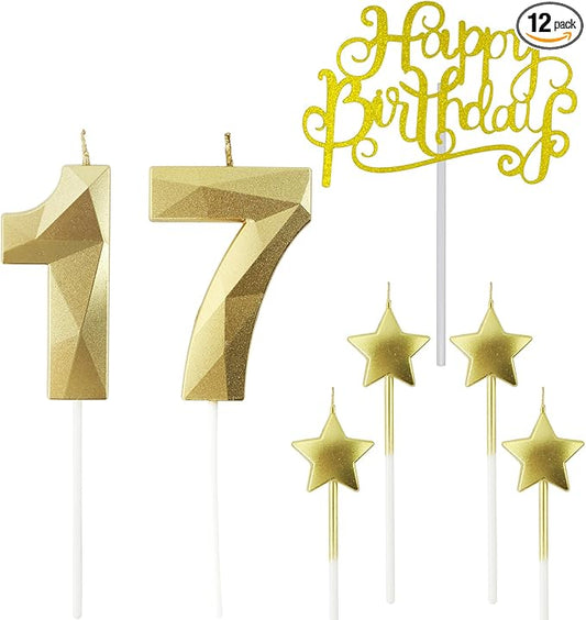Golden Number 17 Birthday Candles and Star Birthday Candles 2.76 inch Birthday Cake Candles 3D Diamond Shaped Candles are Suitable for Birthday Parties and Anniversary Cake Decorations Candles