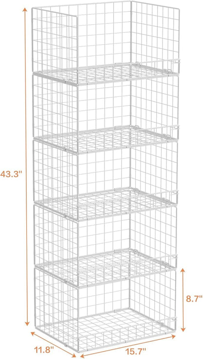 5-Tier Stackable Closet Organizers and Storage Basket - Foldable Closet Shelf Organizer System, Space-Saving Clothes Storage Bins Drawer Organizer for Wardrobe, White (Patent Pending)