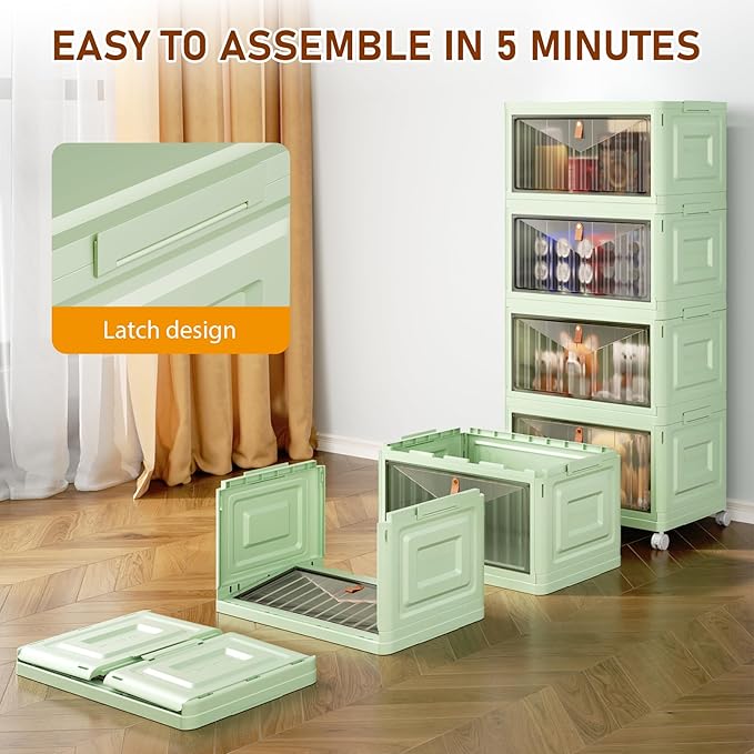 4 Tier Stackable Plastic Storage Bins with Lid and Wheels - 23 QT Storage, Foldable Storage Containers, Organization and Storage Boxes for Craft, Home, Pantry, Dorm, Green