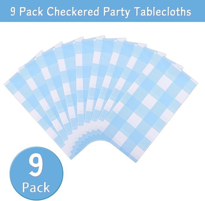 Kesfey 9 Packs Light Blue Gingham Tablecloth Pale Blue and White Checkered Tablecloths 54 x 108 Inches Disposable Plastic Gingham Tablecovers Waterproof Rectangle Picnic Table Cover for Birthday Party