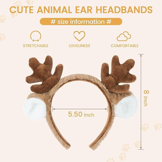 Edoneery Reindeer Antlers Headband for Women, Christmas Furry Deer Antlers Animal Ears Hairband for Cosplay Party Costume