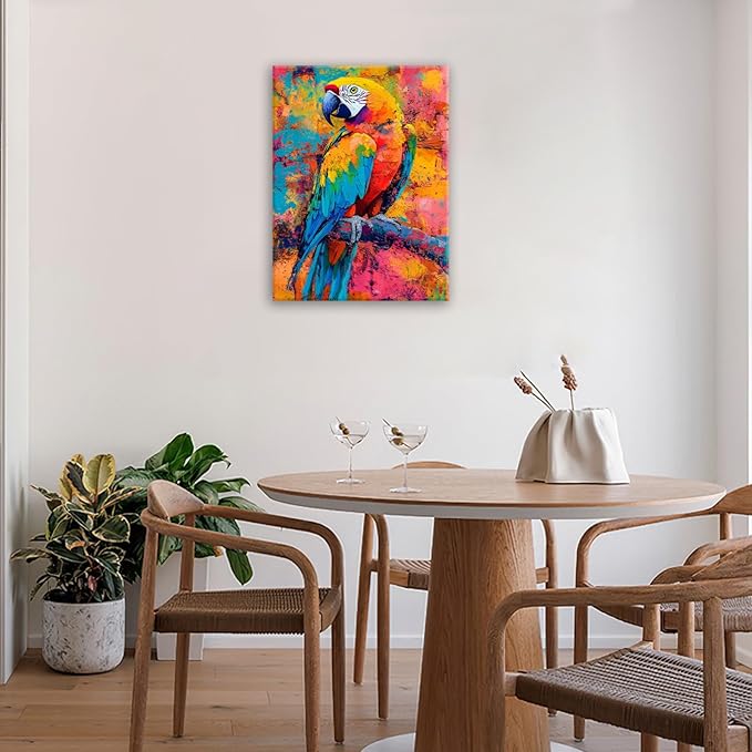 Parrot Wall Art, Graffiti Parrot Pictures Wall Decor, Colorful Birds Canvas Prints, Banksy Animal Painting, Framed Artwork for Bathroom Living Room Bedroom Office Dining Room 24"X16"