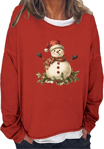 LOAIHA Christmas Shirts for Women Crewneck Snowman Snowflake Santa Graphic Shirts Christmas Tree Long Sleeve Xmas Hoodie