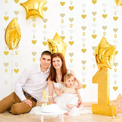 Engagement Bachelorette Party-Decorations White-Gold Garland - 52Ft Heart Ring Wedding Paper Streamers Banner, Galentines. Proposal Decor Lasting Surprise
