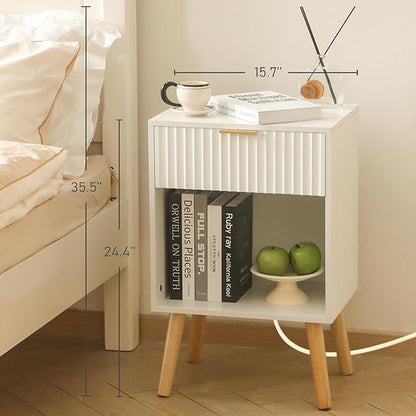White Nightstand with Charging Station, Mid Century Modern Bedside Table with Drawers and Outlet,Side Tables Living Room, Wooden Night Stand for Bedroom, Office (White)
