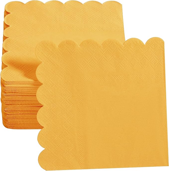 200 Pack Cocktail Napkin 2-Ply Scalloped Edged Dessert Napkins Folded 5 x 5 Inches Disposable Napkins for Dinner Wedding Birthday Party Bridal Anniversary Reception Event (Yellow)