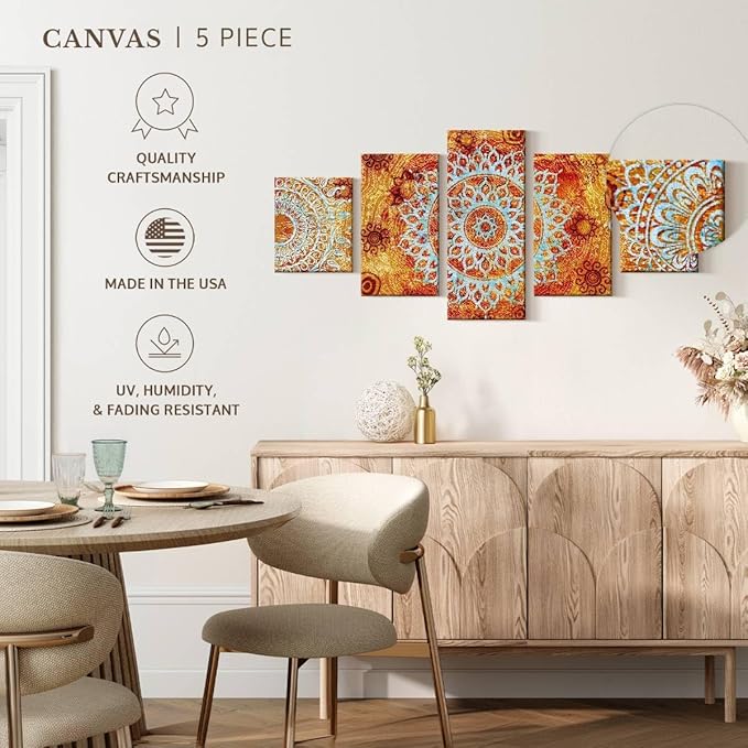 ElephantStock - Sun Like Mandala Symbols Wall Art - Horizontal Multi Panel Canvas - 5 Piece Living Room Wall Decor - Digital Art Elements Multi Piece Wall Art - Orange And Blue Decor - 80" x 36"