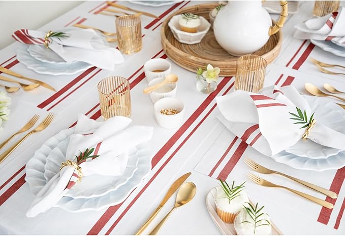 Solino Home Linen Table Runner 120 Inches Long - French Stripe, 100% Pure Linen Red and White Farmhouse Table Runner 16 x 120 Inch Ideal for Dining, Christmas, New Year