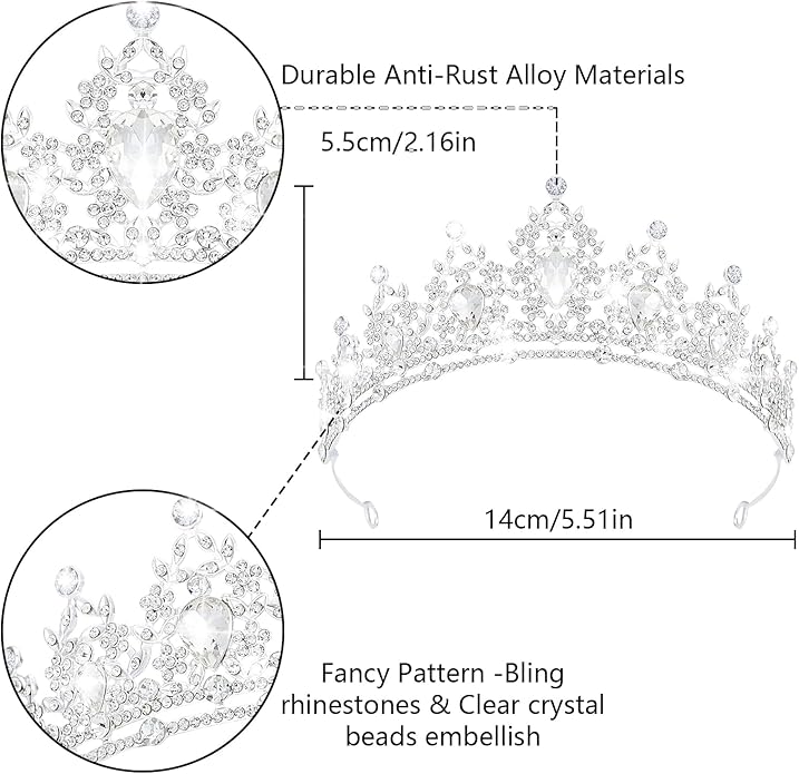 Crystal Tiaras & Crowns for Women, Bride Royal Queen Headband Princess Headpieces for Birthday Cake Crown & Prom Pageant Party