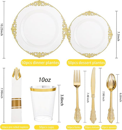 Hioasis 350pcs Clear and Gold Plastic Plates - Elegant Disposable Dinnerware Set Suitable for 50 Guests Include 10.25" Dinner & 7.5" Dessert Plates, Pre Rolled Silverware Set, Cups for Party & Wedding