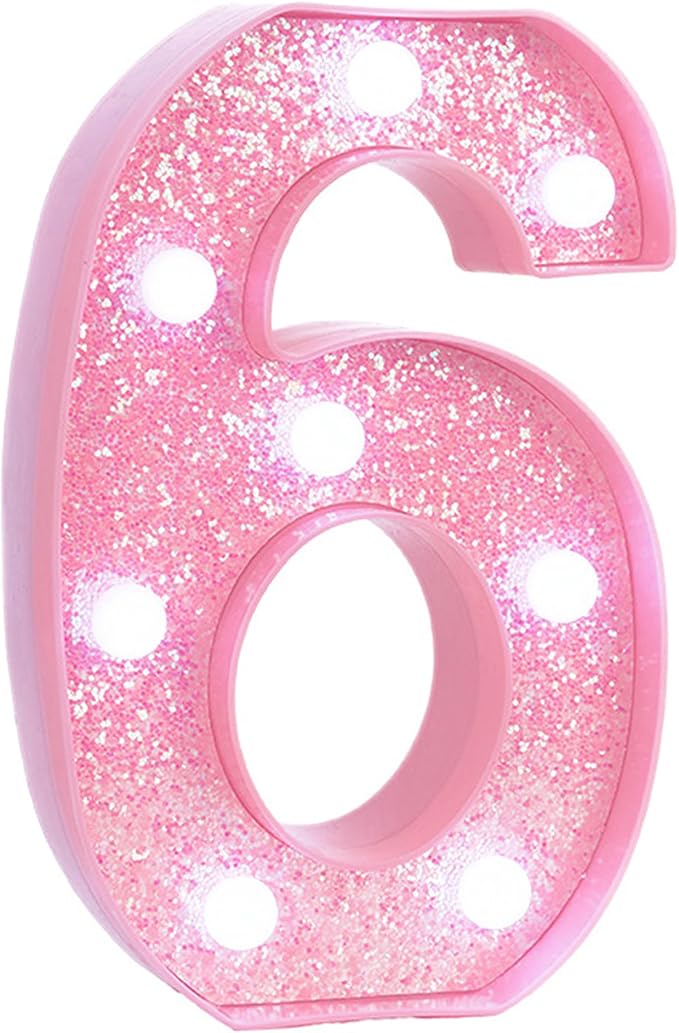 Pink LED Light Up Marquee Numbers, Glitter Lighted Numbers Signs Battery Operated for Girls 6th 16th 26th Birthday Party Decorations, Room Table Top Decor, Pink Number 6 with Cool White Lights