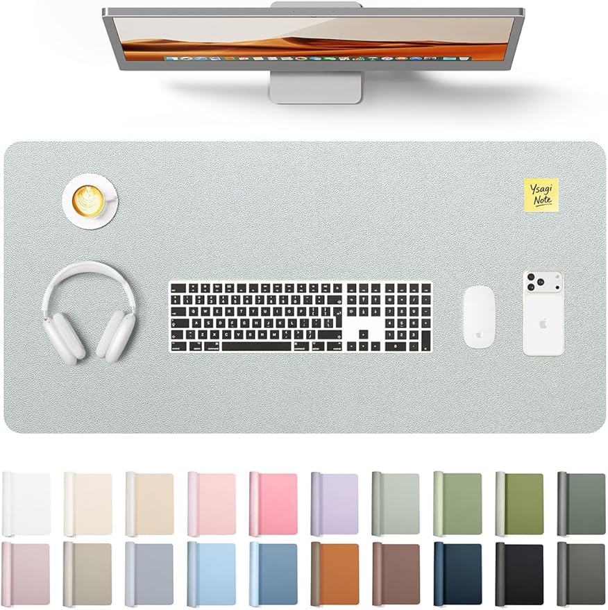 YSAGi Leather Desk Pad Protector, Office Desk Mat, Large Mouse Pad, Non-Slip PU Leather Desk Blotter, Laptop Desk Pad, Waterproof Desk Writing Pad for Office and Home (Silver, 35.4" x 17")