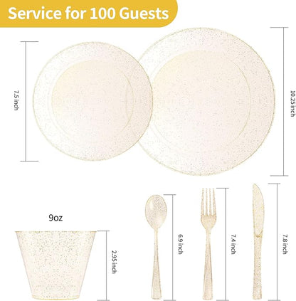 Goodluck 600 Piece Gold Glitter Disposable Plates for 100 Guests, Plates for Party, Wedding, Dinnerware Set of 100 Dinner, 100 Salad Plates, 100 Spoons, 100 Forks, 100 Knives, 100 Cups