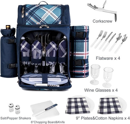 ALLCAMP Picnic Basket Backpack Cooler for 4 Person with 2 Insulated Cooler Compartment, Detachable Bottle/Wine Holder, Fleece Blanket, Plates and Cutlery for Family,Couple and Friend gatherings (Blue)