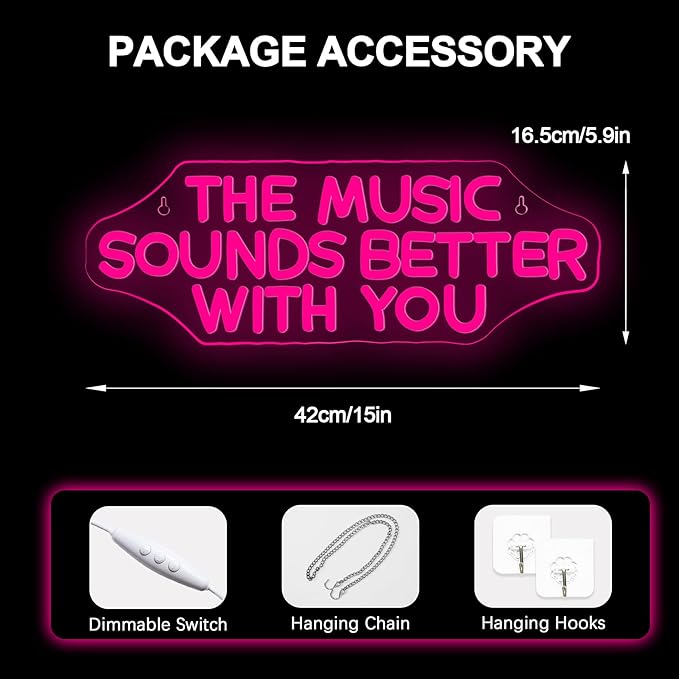 NOSUN The Music Sounds Better with You Neon Sign Romance Neon Signs for Wall Decor Led Neon Sign Aesthetic Room Decor for Teen Girls Neon Lights Signs for Bedroom Salon Party Pink Light